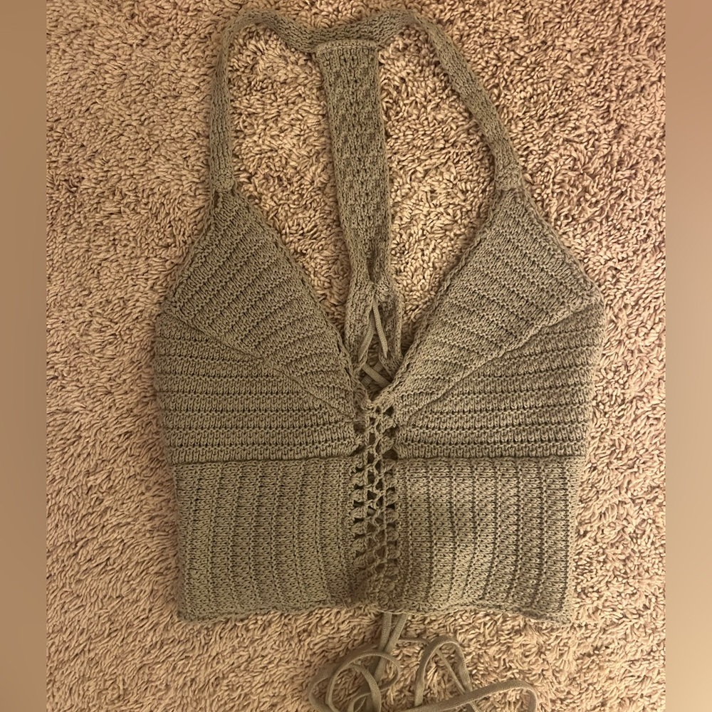 American Eagle Green crochet, lace up, sexy, top, sage green